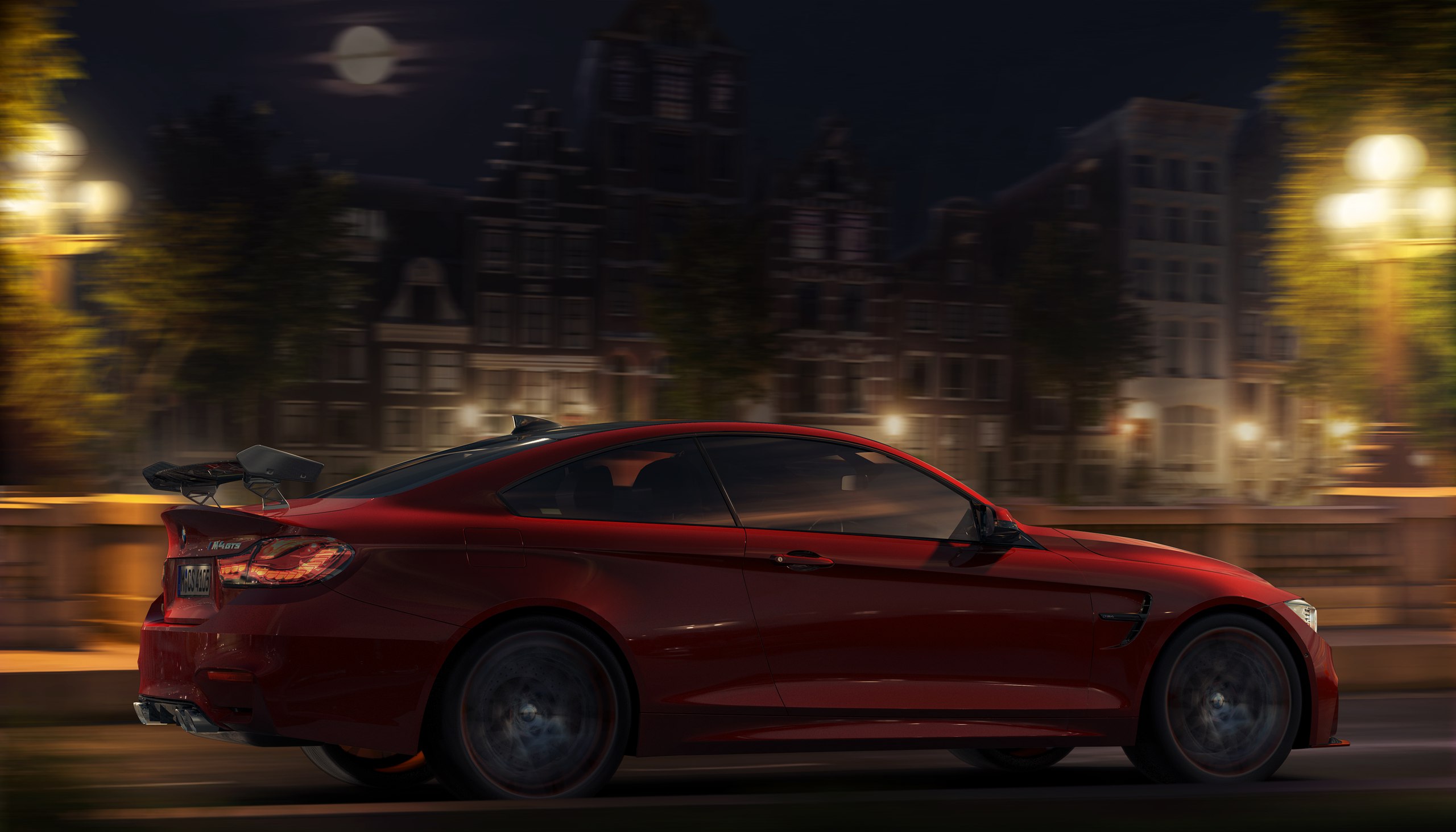 Сборка машины и фона с ночным освещением
